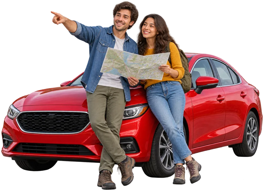 Two friends on a road trip with a map