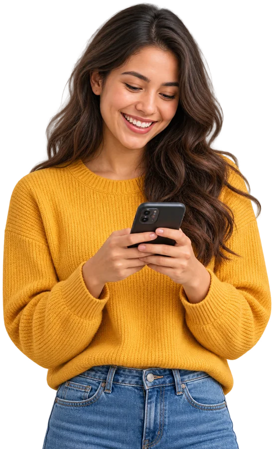A woman smiling at her phone